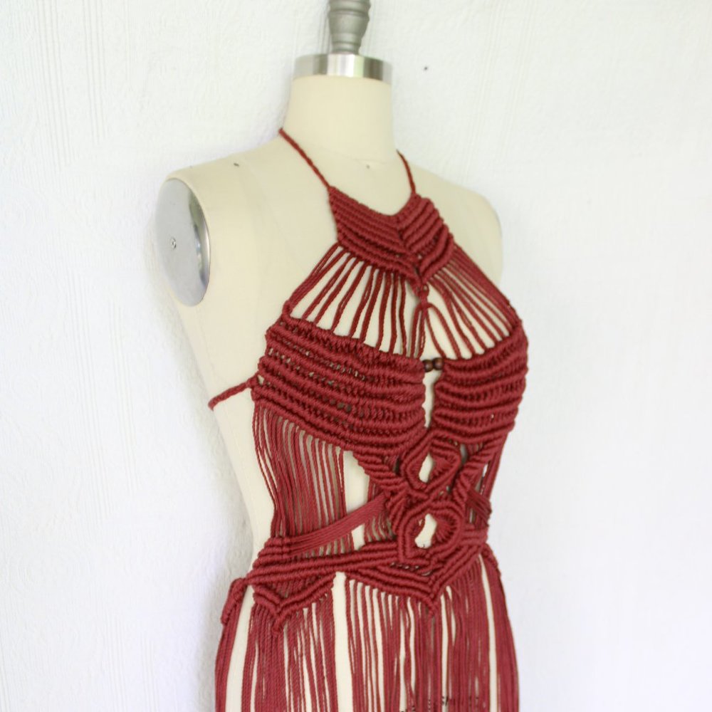 Vintage 60s hippie MACRAME crochet halter tunic dress fringe beaded Free People - Picture 3 of 11